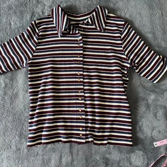 Gray burgundy navy VILA striped vintage button down tee - Picture 11 of 16